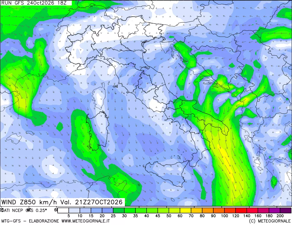 mappa 850 hPa Vento forza e direzione