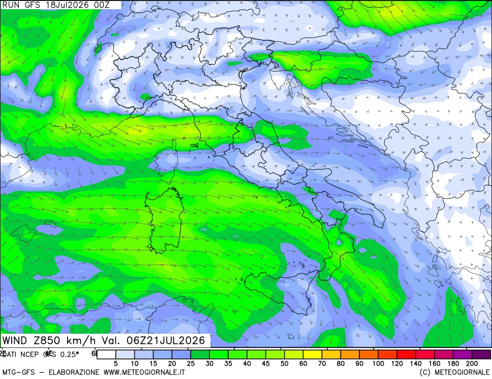mappa 850 hPa Vento forza e direzione