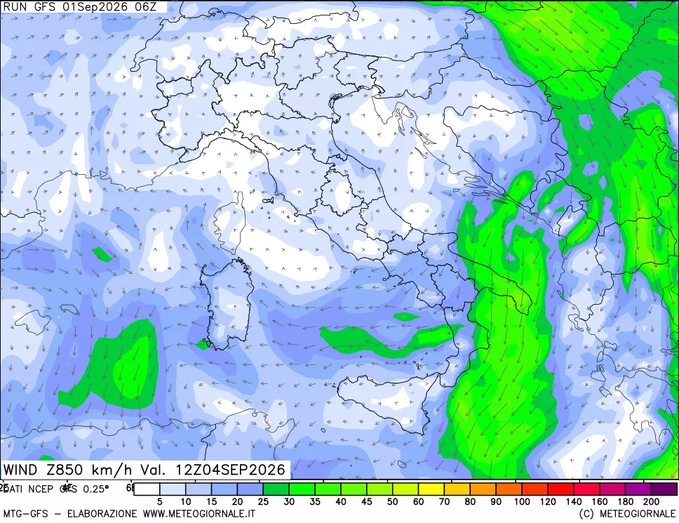mappa 850 hPa Vento forza e direzione