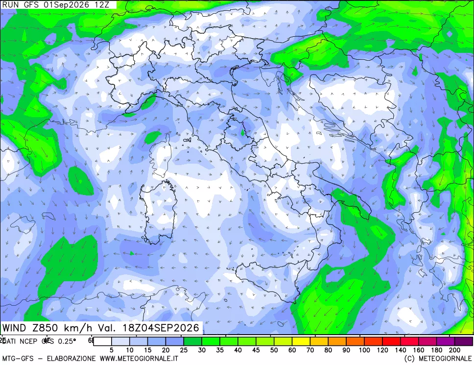 mappa 850 hPa Vento forza e direzione