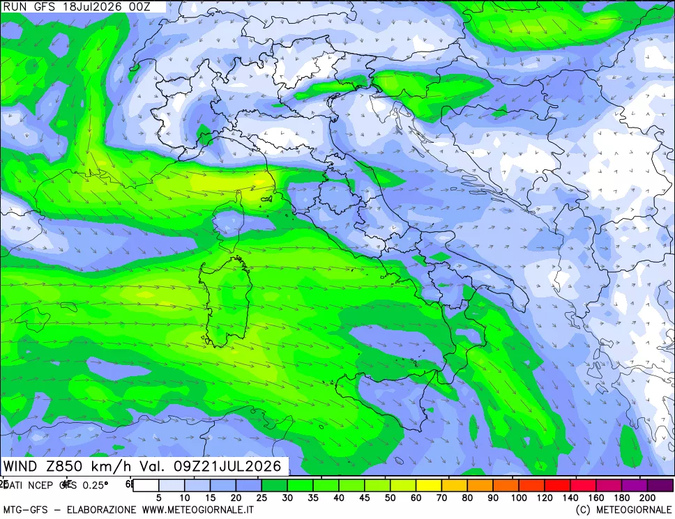 mappa 850 hPa Vento forza e direzione