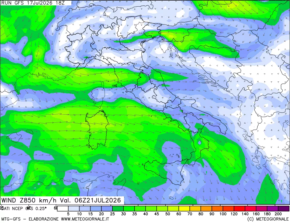 mappa 850 hPa Vento forza e direzione