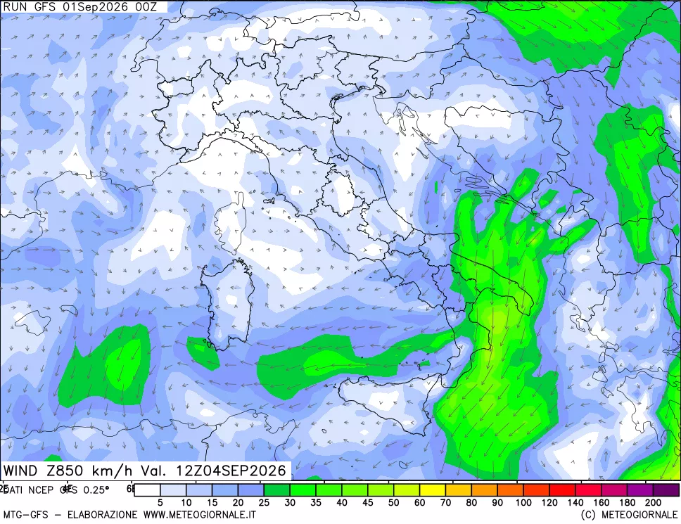 mappa 850 hPa Vento forza e direzione
