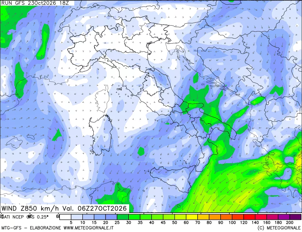 mappa 850 hPa Vento forza e direzione