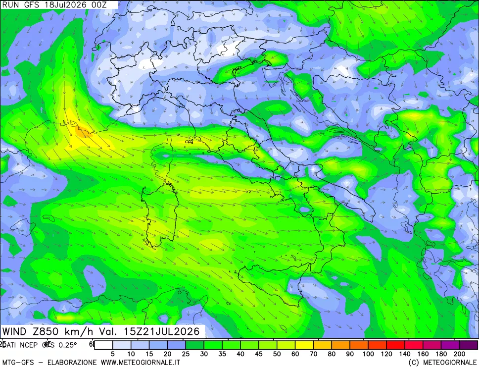 mappa 850 hPa Vento forza e direzione