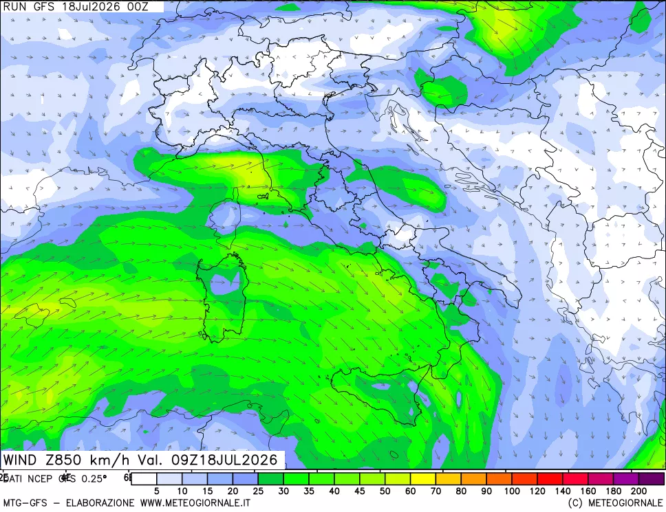 mappa 850 hPa Vento forza e direzione