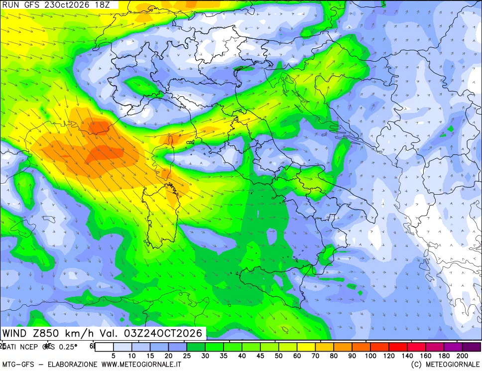 mappa 850 hPa Vento forza e direzione