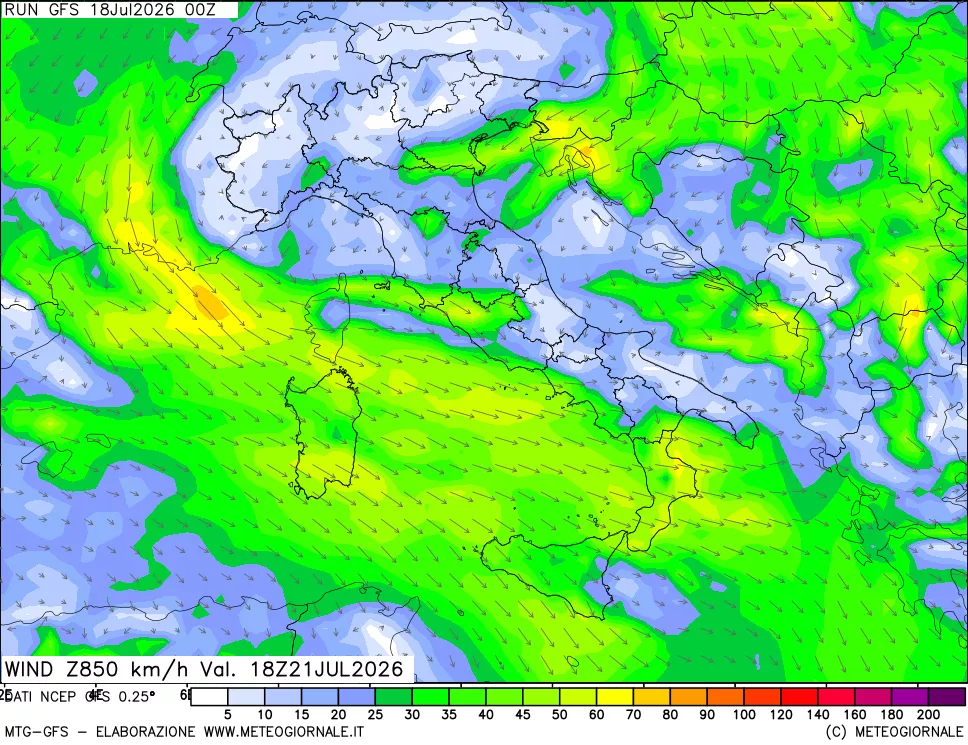 mappa 850 hPa Vento forza e direzione
