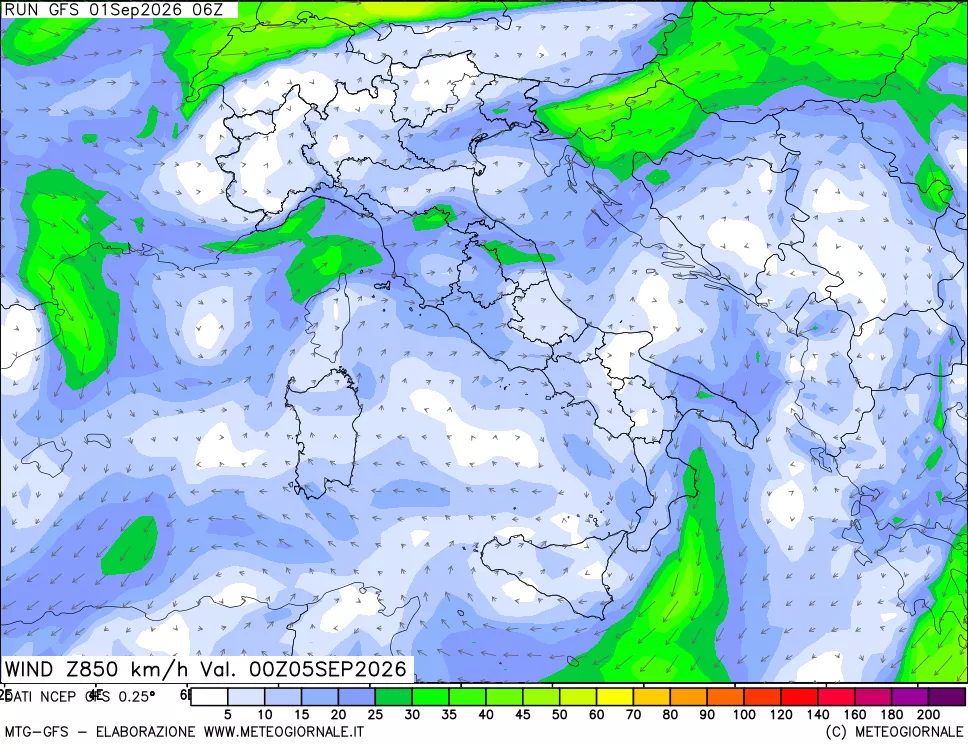 mappa 850 hPa Vento forza e direzione