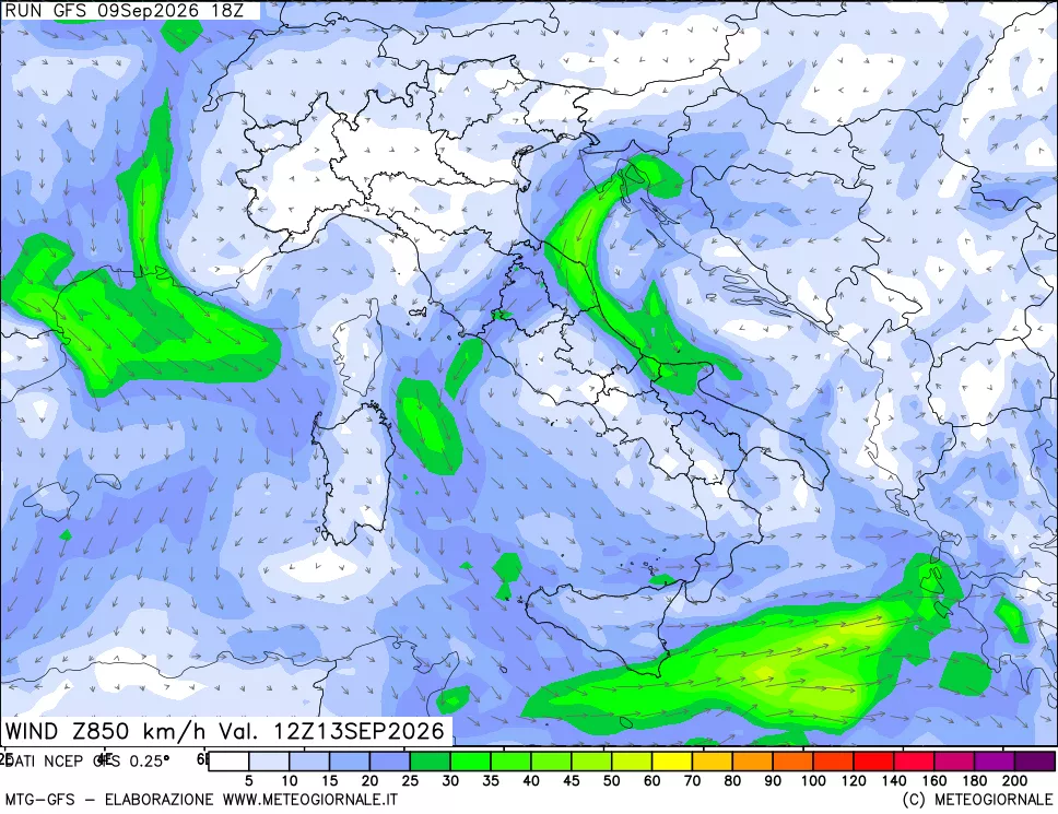 mappa 850 hPa Vento forza e direzione