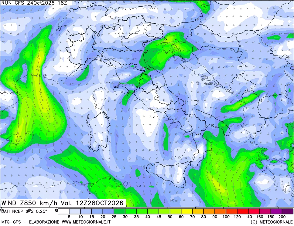 mappa 850 hPa Vento forza e direzione
