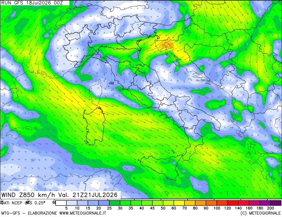 mappa 850 hPa Vento forza e direzione