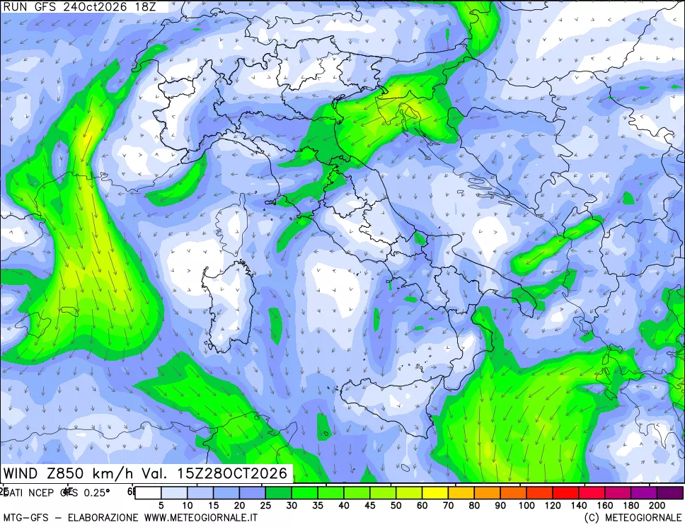 mappa 850 hPa Vento forza e direzione