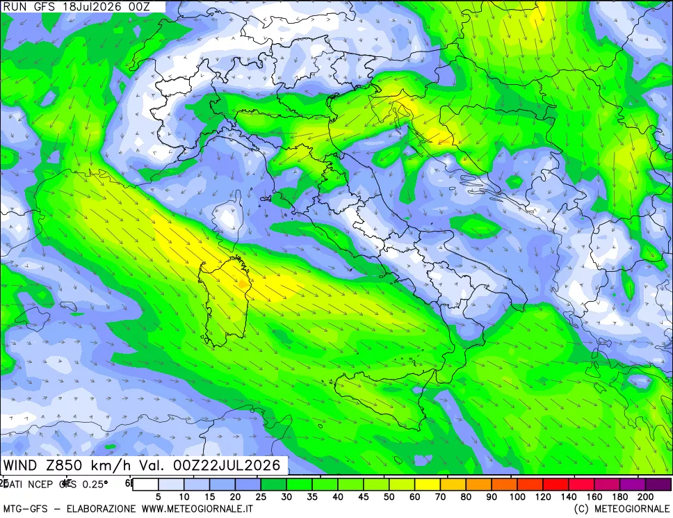 mappa 850 hPa Vento forza e direzione