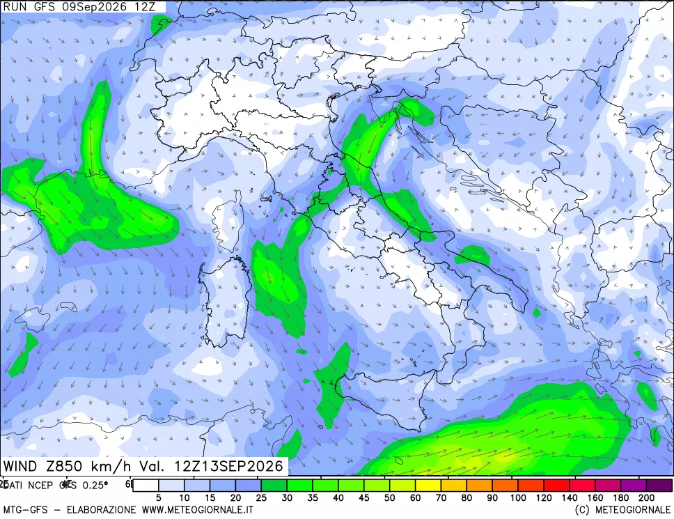 mappa 850 hPa Vento forza e direzione