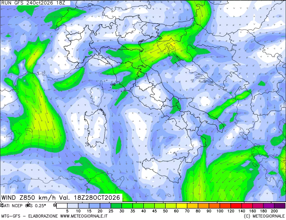 mappa 850 hPa Vento forza e direzione