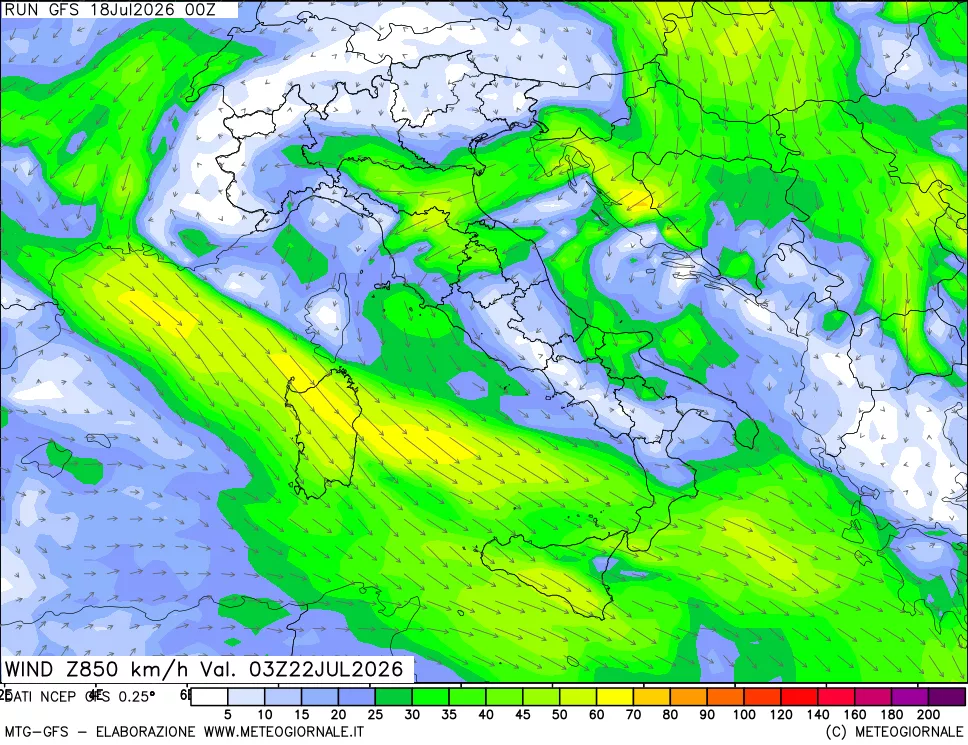 mappa 850 hPa Vento forza e direzione