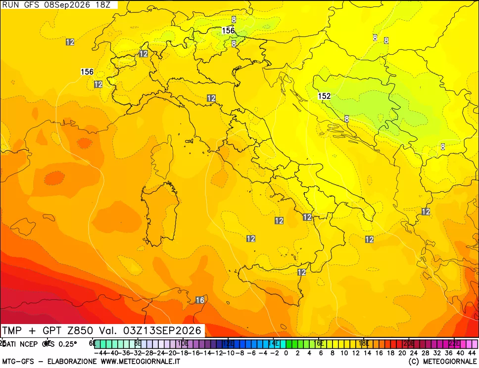 mappa 850 hPa Temp + GPT