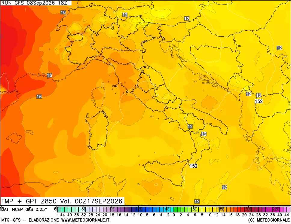 mappa 850 hPa Temp + GPT