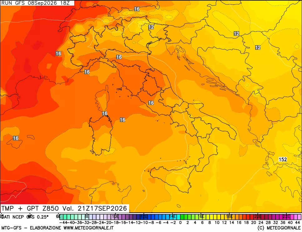 mappa 850 hPa Temp + GPT