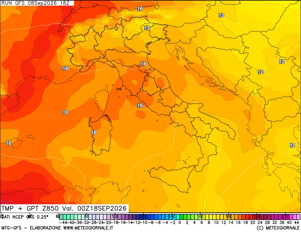 mappa 850 hPa Temp + GPT