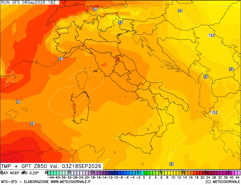 mappa 850 hPa Temp + GPT