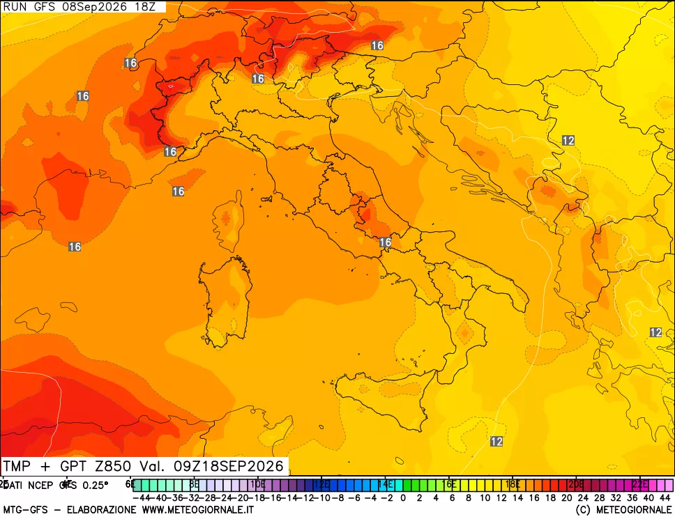 mappa 850 hPa Temp + GPT