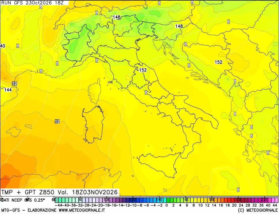 mappa 850 hPa Temp + GPT