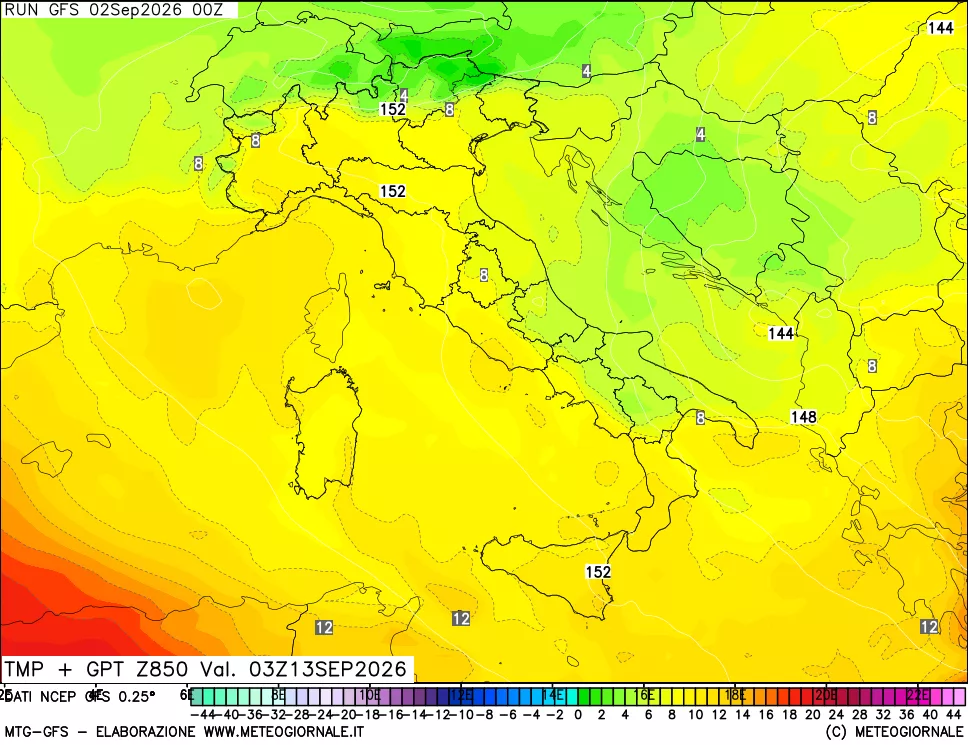 mappa 850 hPa Temp + GPT