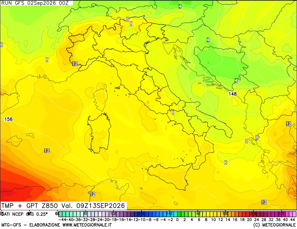 mappa 850 hPa Temp + GPT