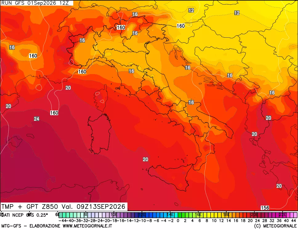 mappa 850 hPa Temp + GPT