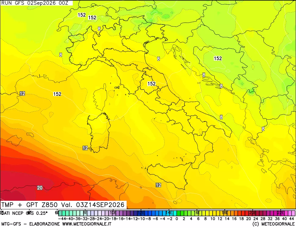 mappa 850 hPa Temp + GPT