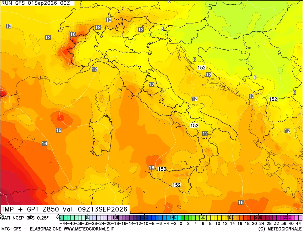 mappa 850 hPa Temp + GPT