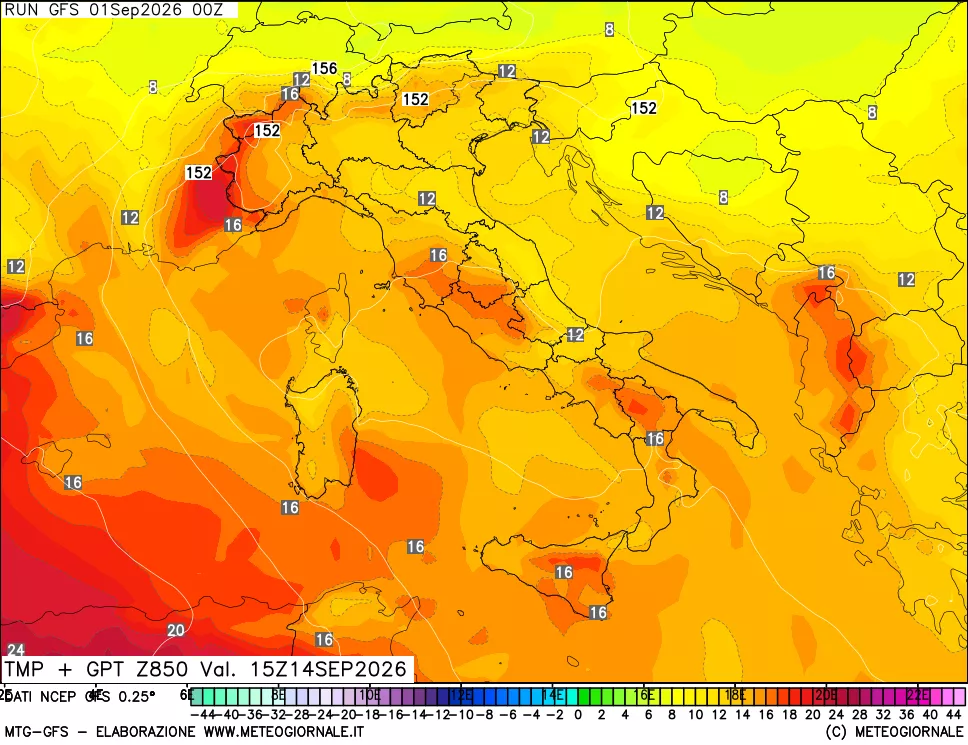 mappa 850 hPa Temp + GPT