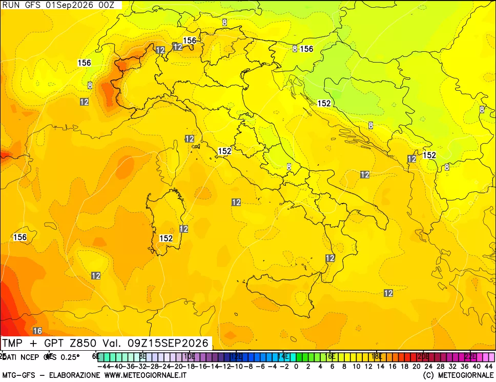 mappa 850 hPa Temp + GPT