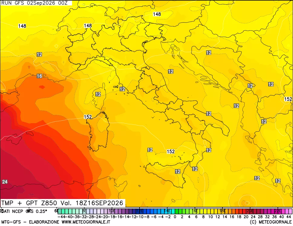 mappa 850 hPa Temp + GPT