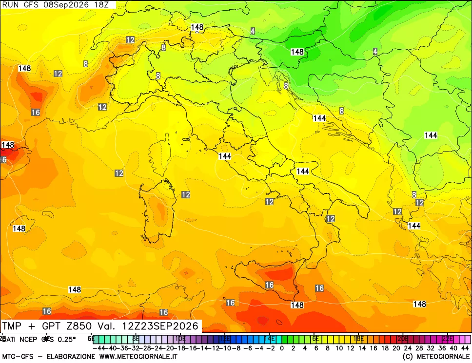 mappa 850 hPa Temp + GPT