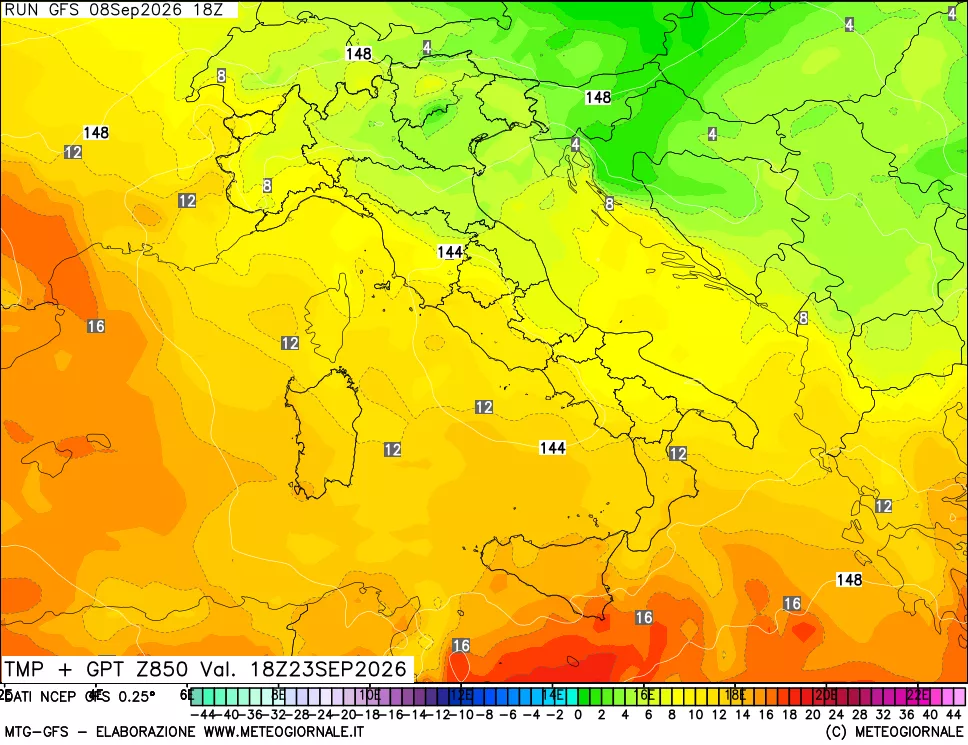 mappa 850 hPa Temp + GPT