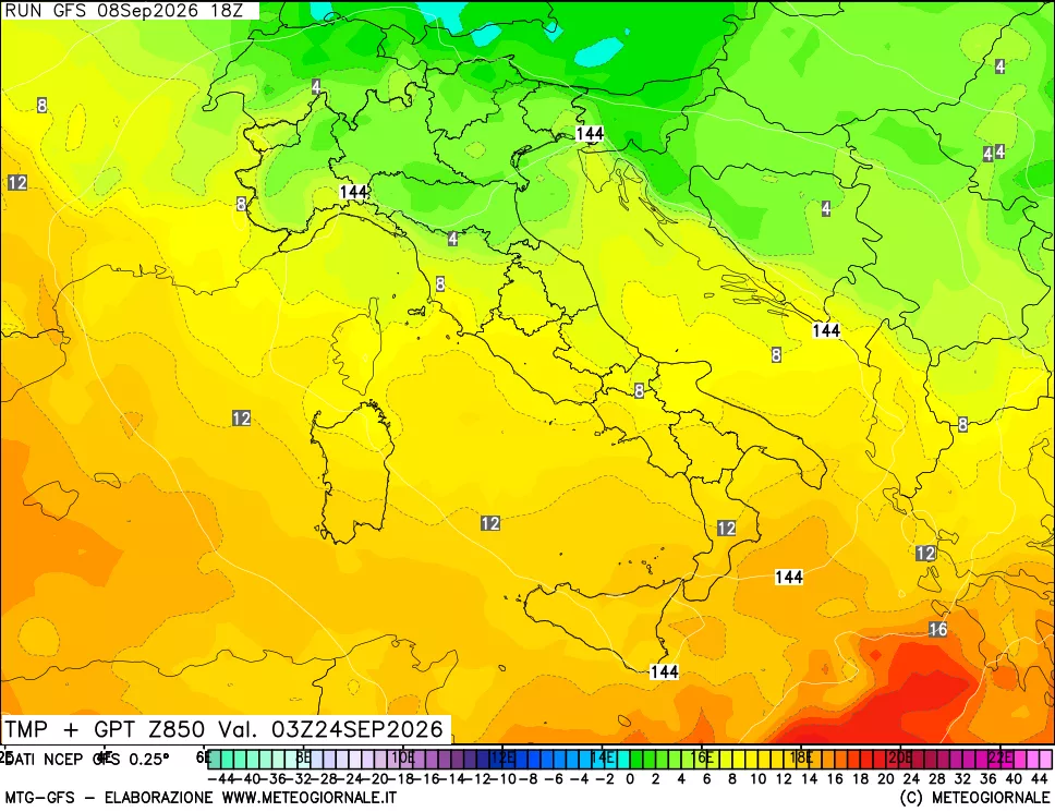mappa 850 hPa Temp + GPT
