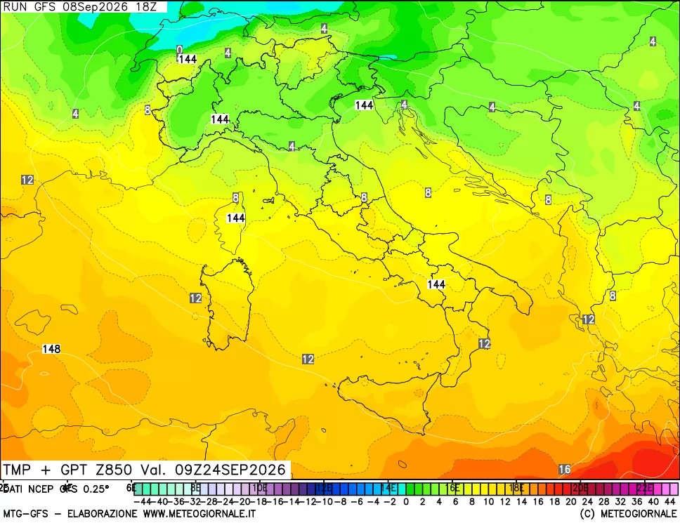 mappa 850 hPa Temp + GPT