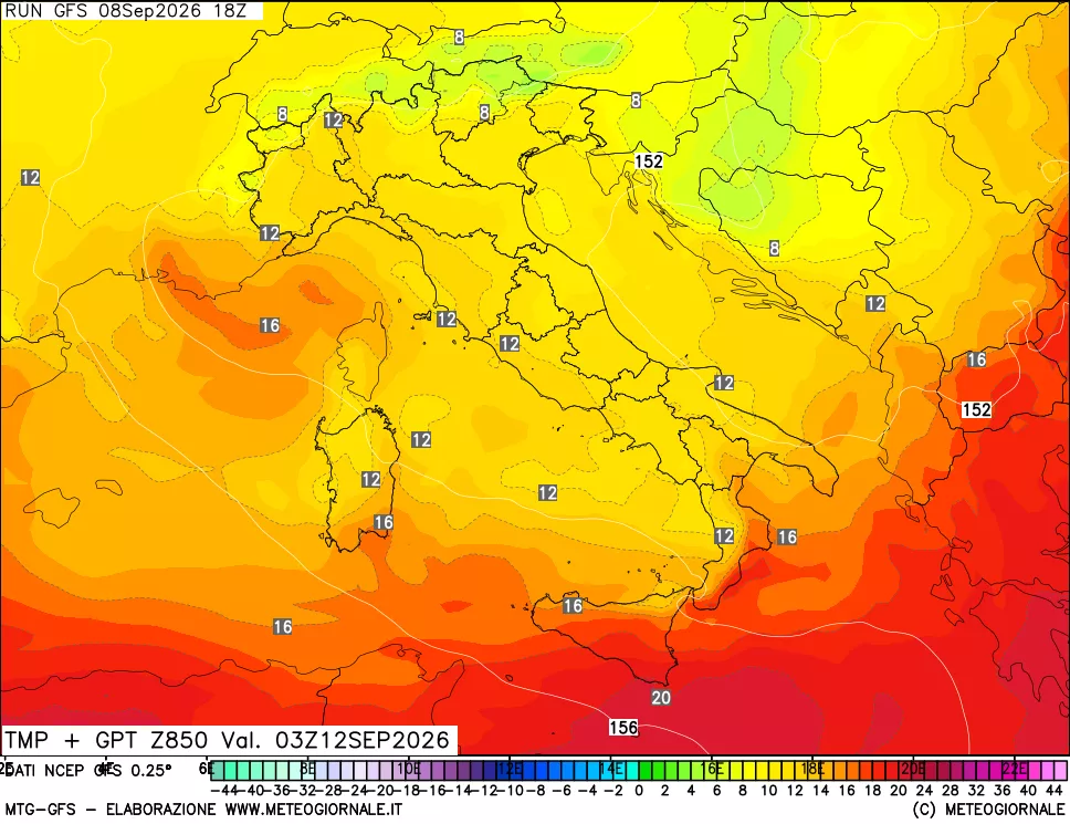 mappa 850 hPa Temp + GPT
