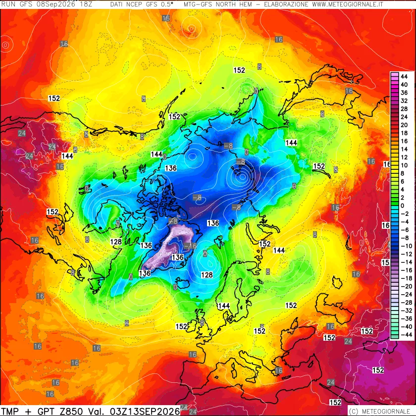 mappa Temperatura e Geopotenziale a 850 hPa