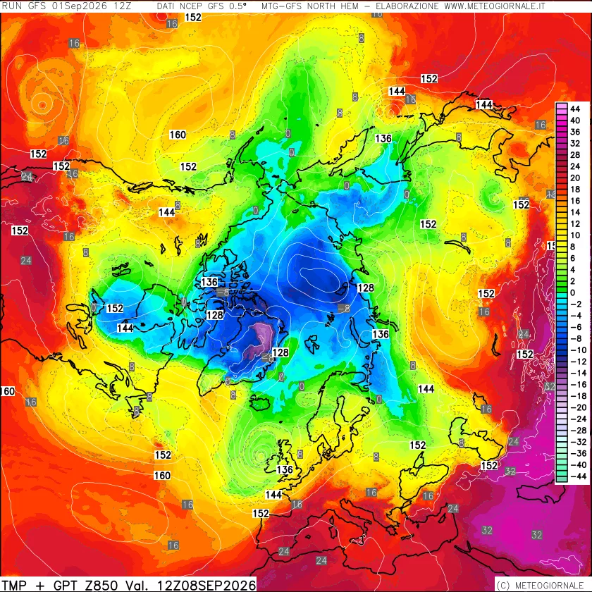 mappa Temperatura e Geopotenziale a 850 hPa