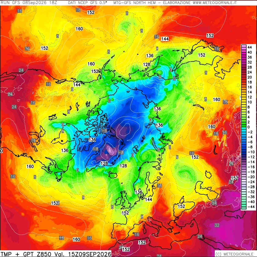 mappa Temperatura e Geopotenziale a 850 hPa
