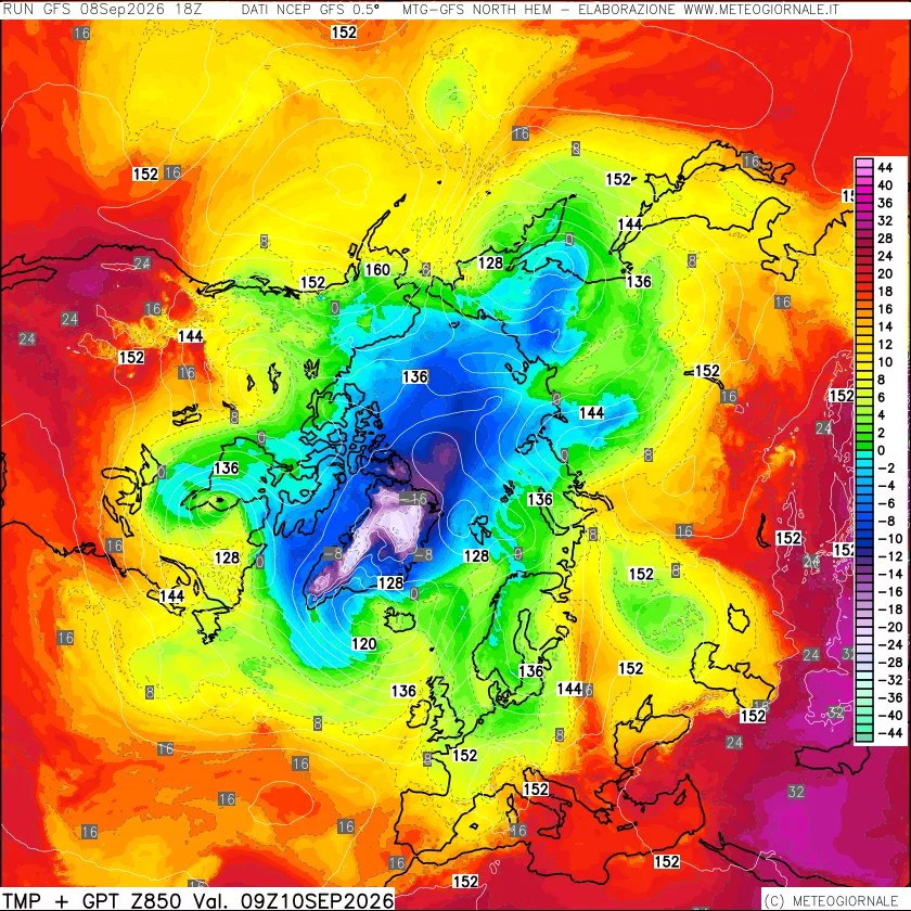mappa Temperatura e Geopotenziale a 850 hPa