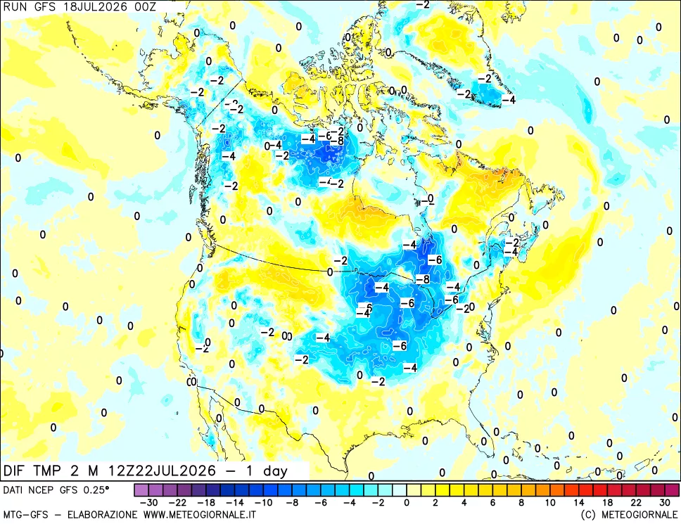 mappa Dif. Temp a 2 metri Valid - 1 day
