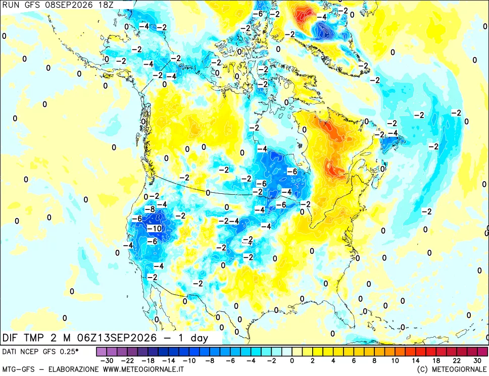 mappa Dif. Temp a 2 metri Valid - 1 day