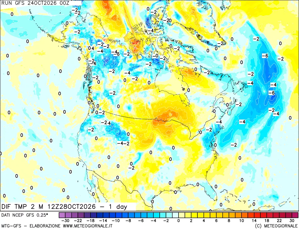 mappa Dif. Temp a 2 metri Valid - 1 day