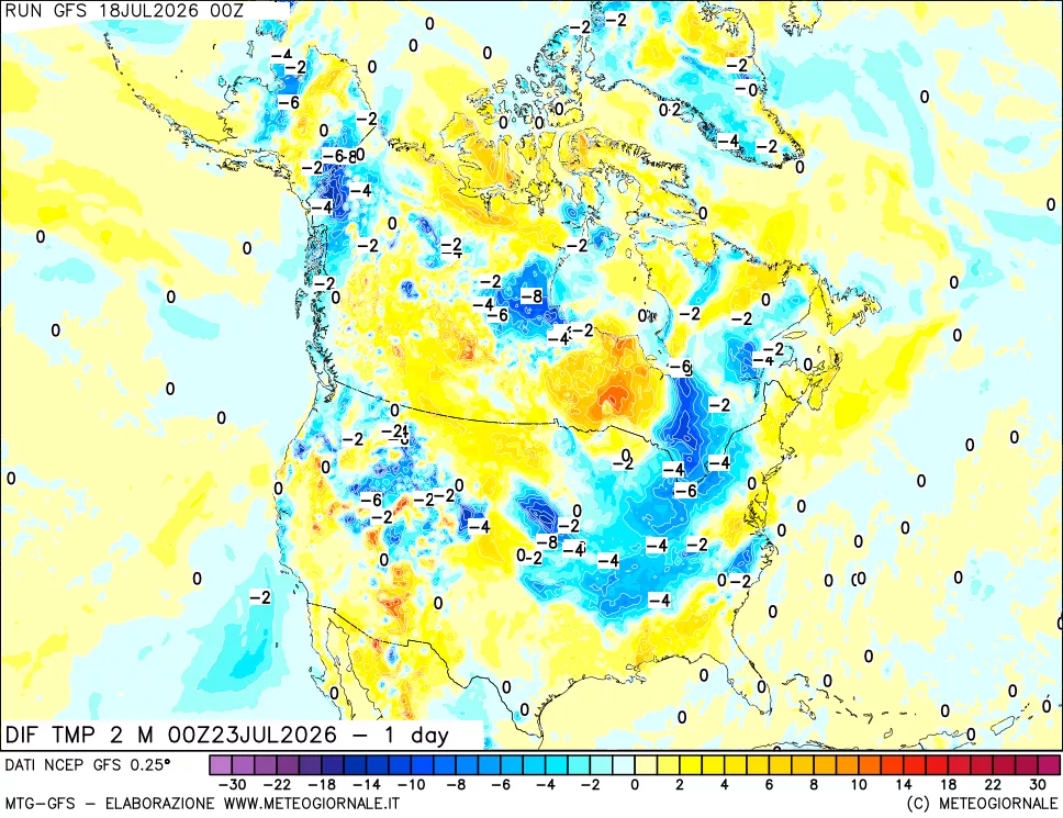mappa Dif. Temp a 2 metri Valid - 1 day