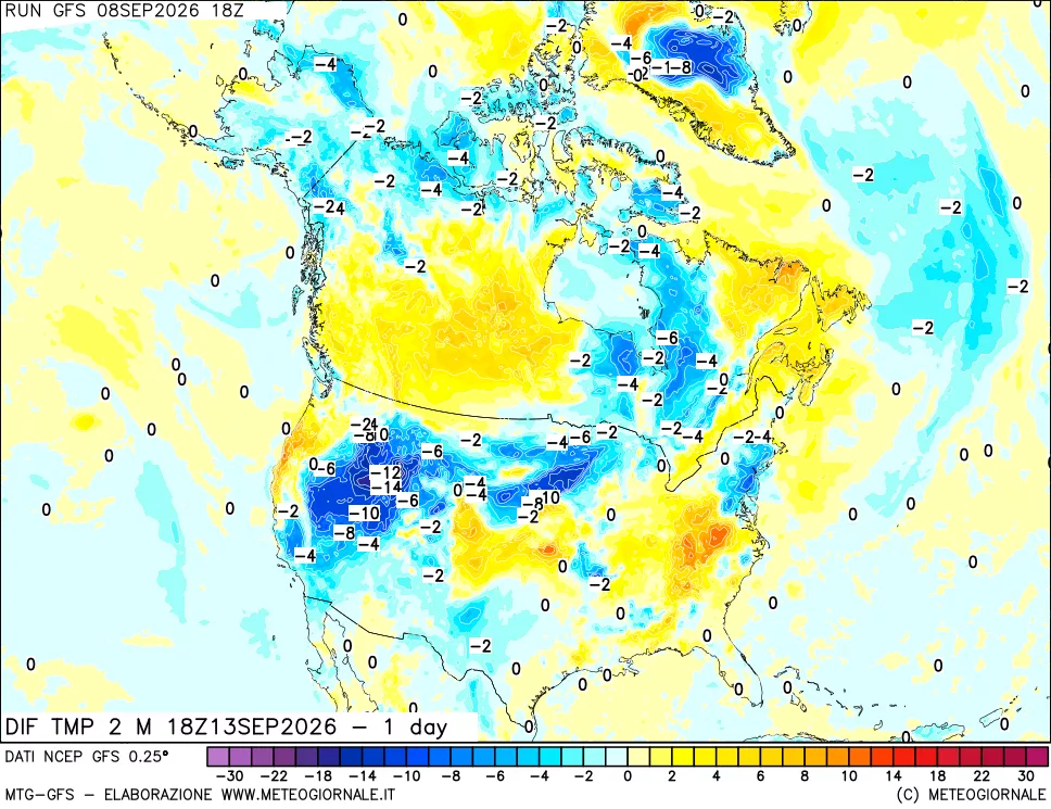 mappa Dif. Temp a 2 metri Valid - 1 day
